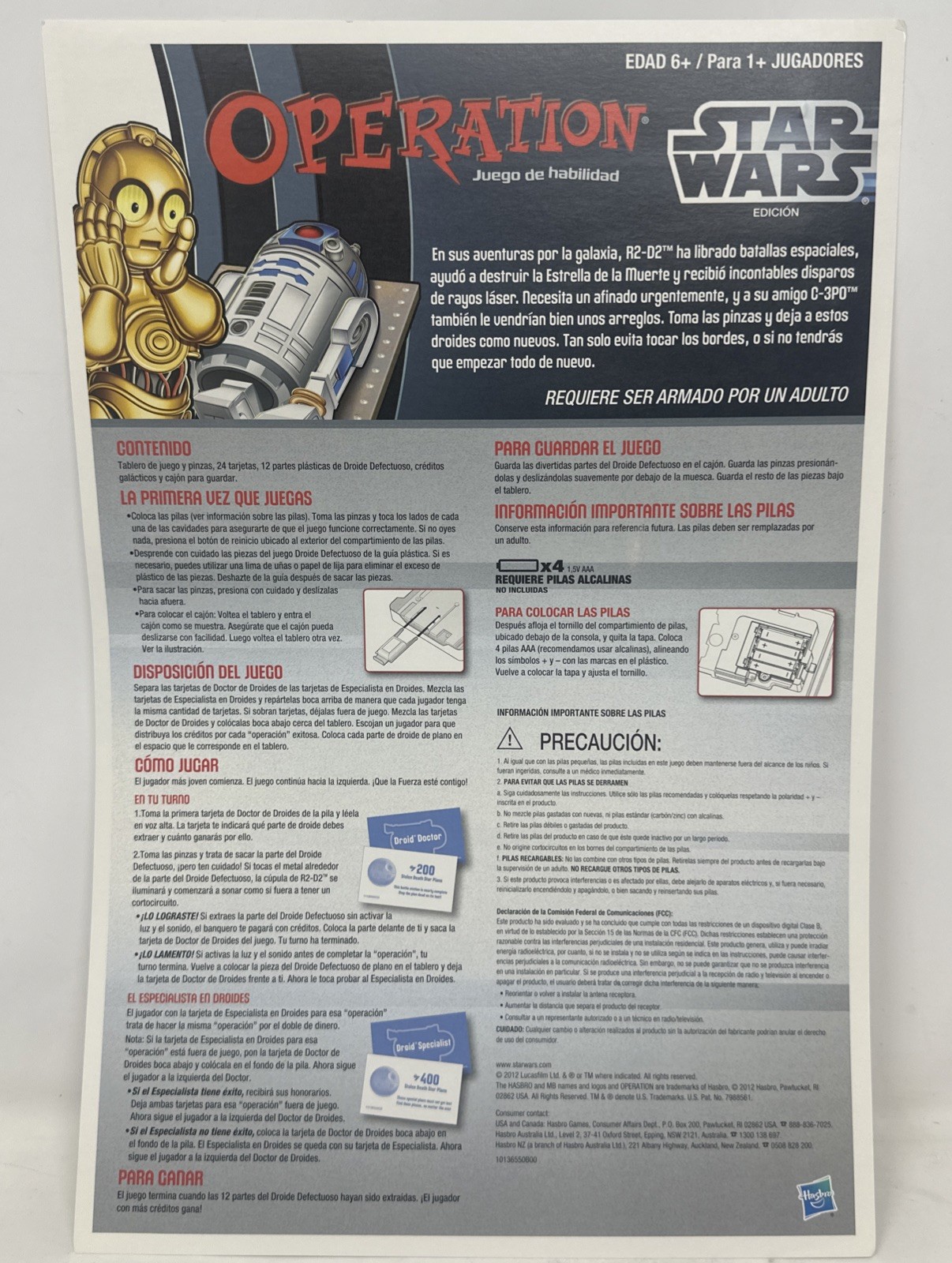 Operation Star Wars R2-D2 Board Game Complete Tested Working Hasbro 2012 Clean!