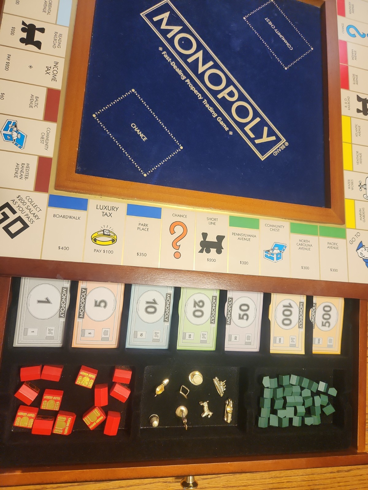 LN VIN Monopoly Luxury Edition Blue Board Game Collectible 2 Tone Wood-Complete