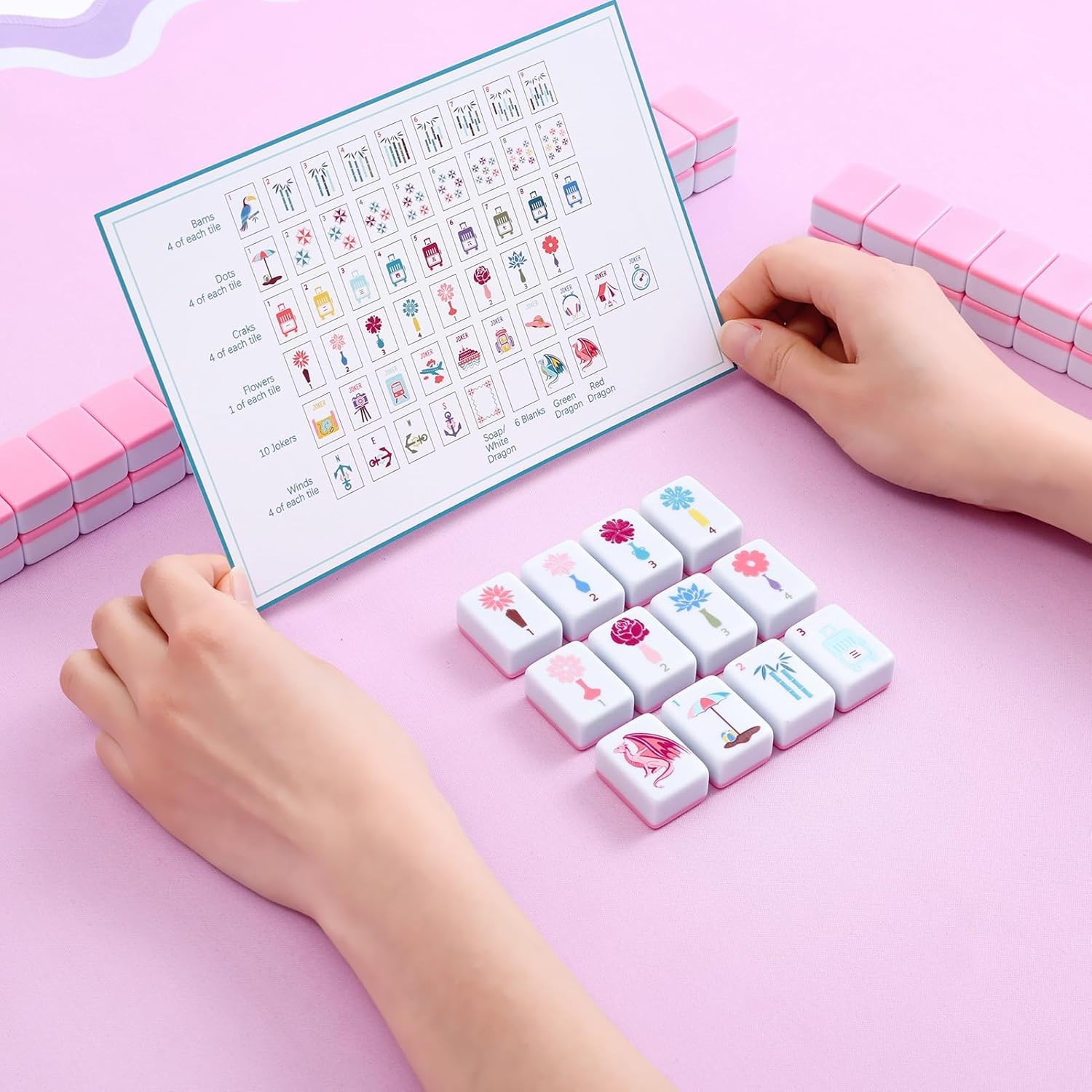 Mahjong Game Set with Carrying Bag and Accessories 160 Pink Printed