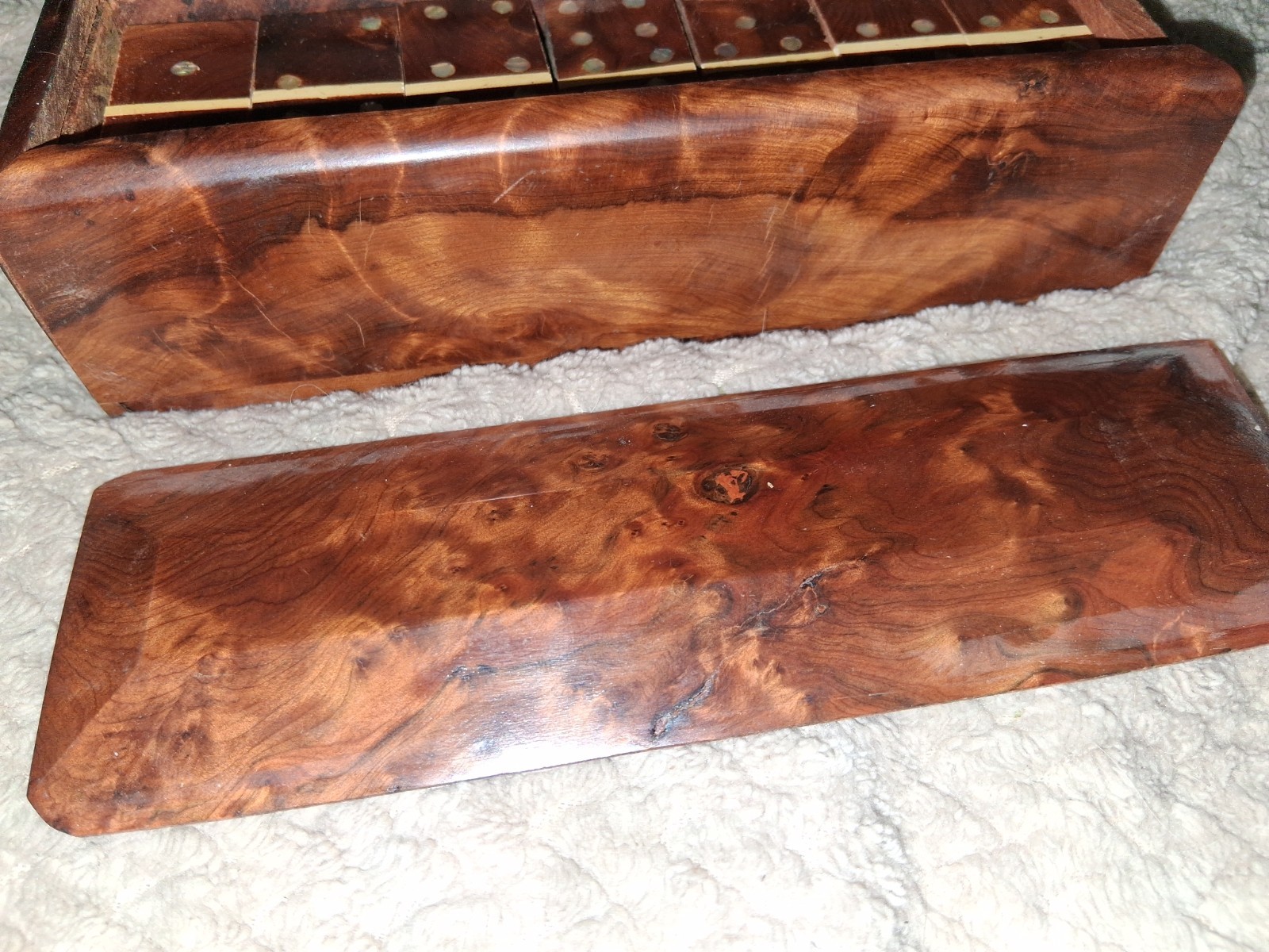 Handmade Burlwood Mother Pearl Wooden Box Set Dominoes Double Six 28 Vintage Set