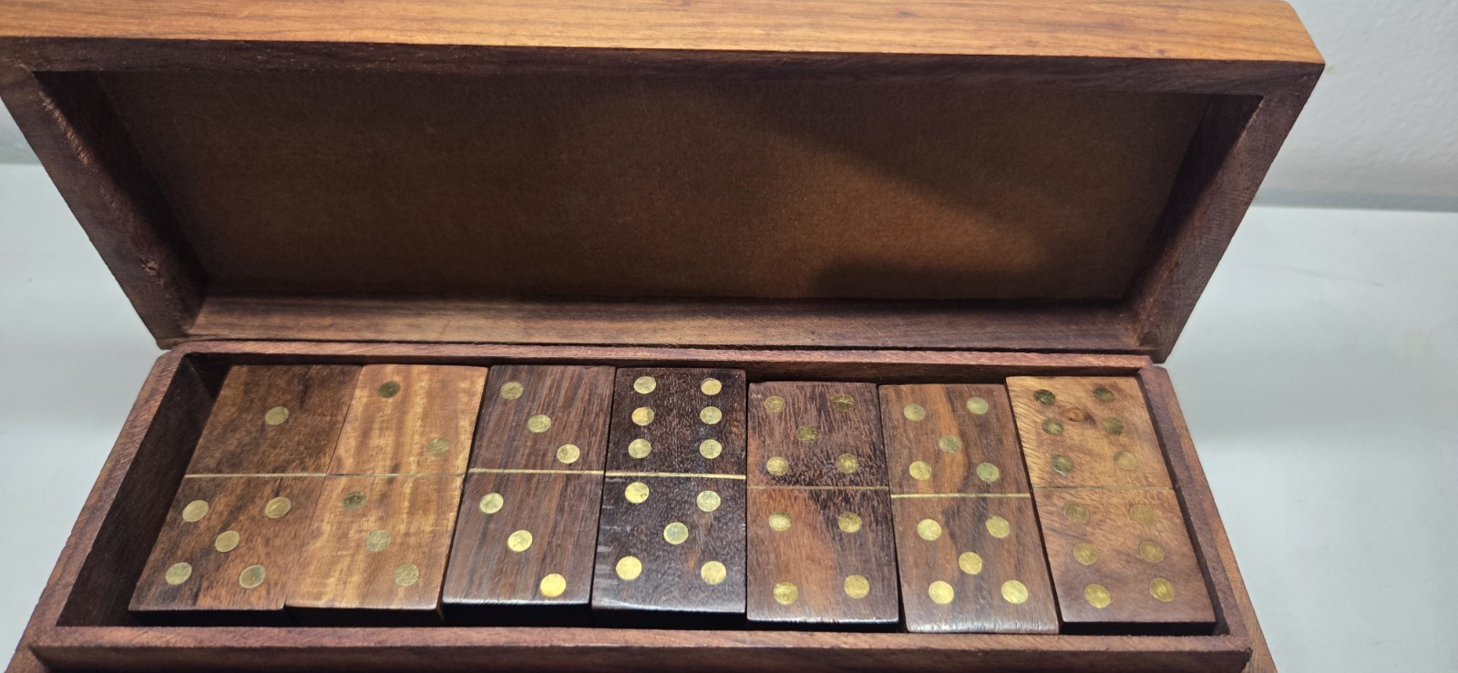 Double Six Wood Dominoes Set w Brass Inlays in Wooden Case – Vintage