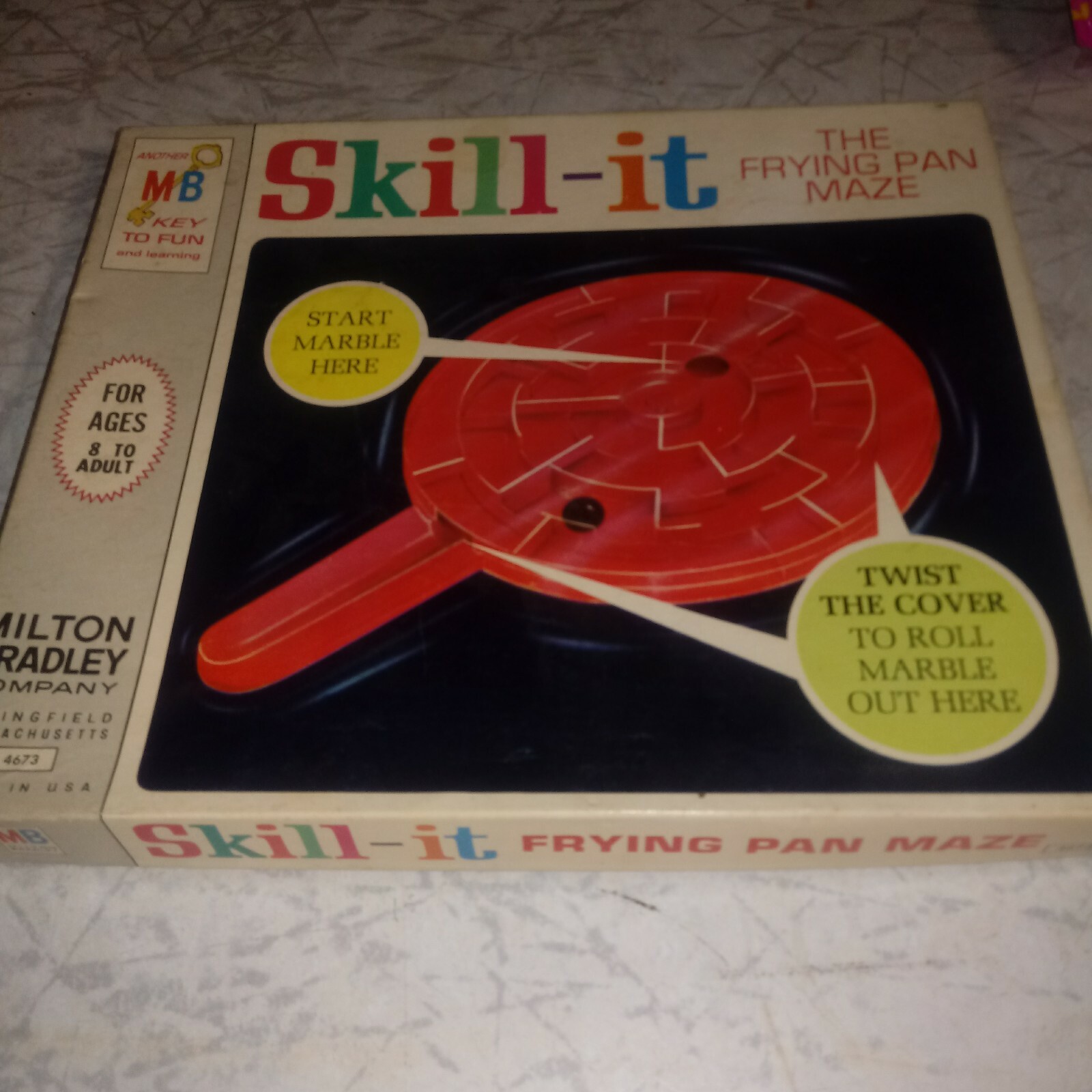 Vintage 1966 Milton Bradley Skill-it Frying Pan Maze Game, Original Box & Marble