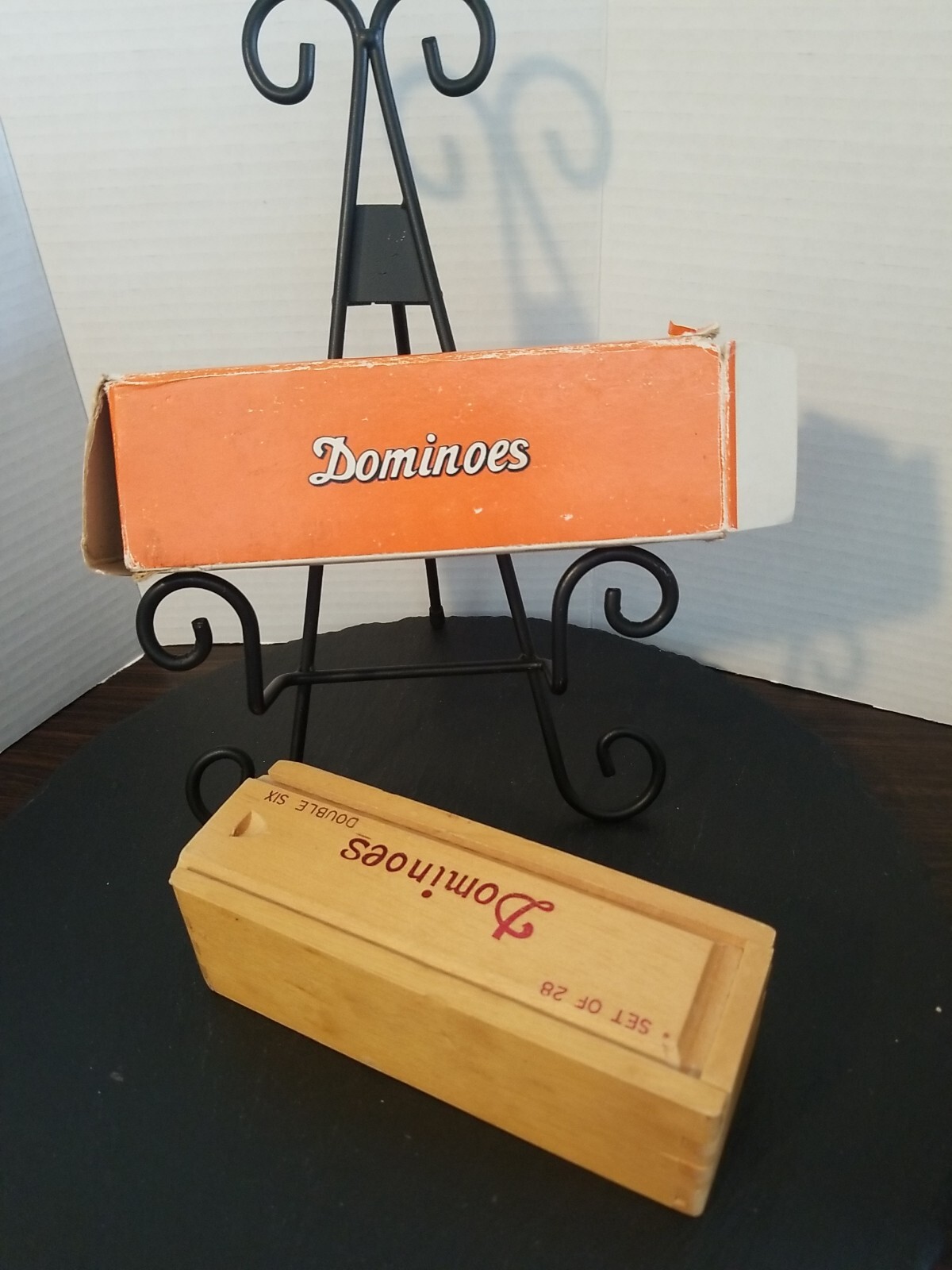 Hey! Play! VTG Double Six Dominoes Wood Dovetail Case, Original Box, 1980s