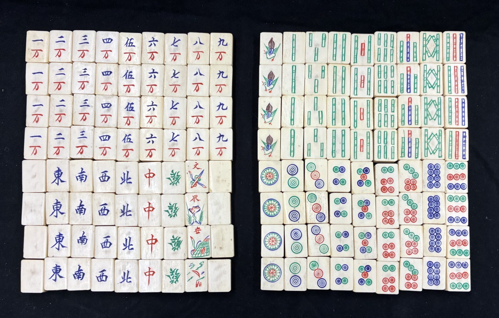 Vintage Chinese Bone & Bamboo Mahjong Set Metal Box 144 Tiles & Dice