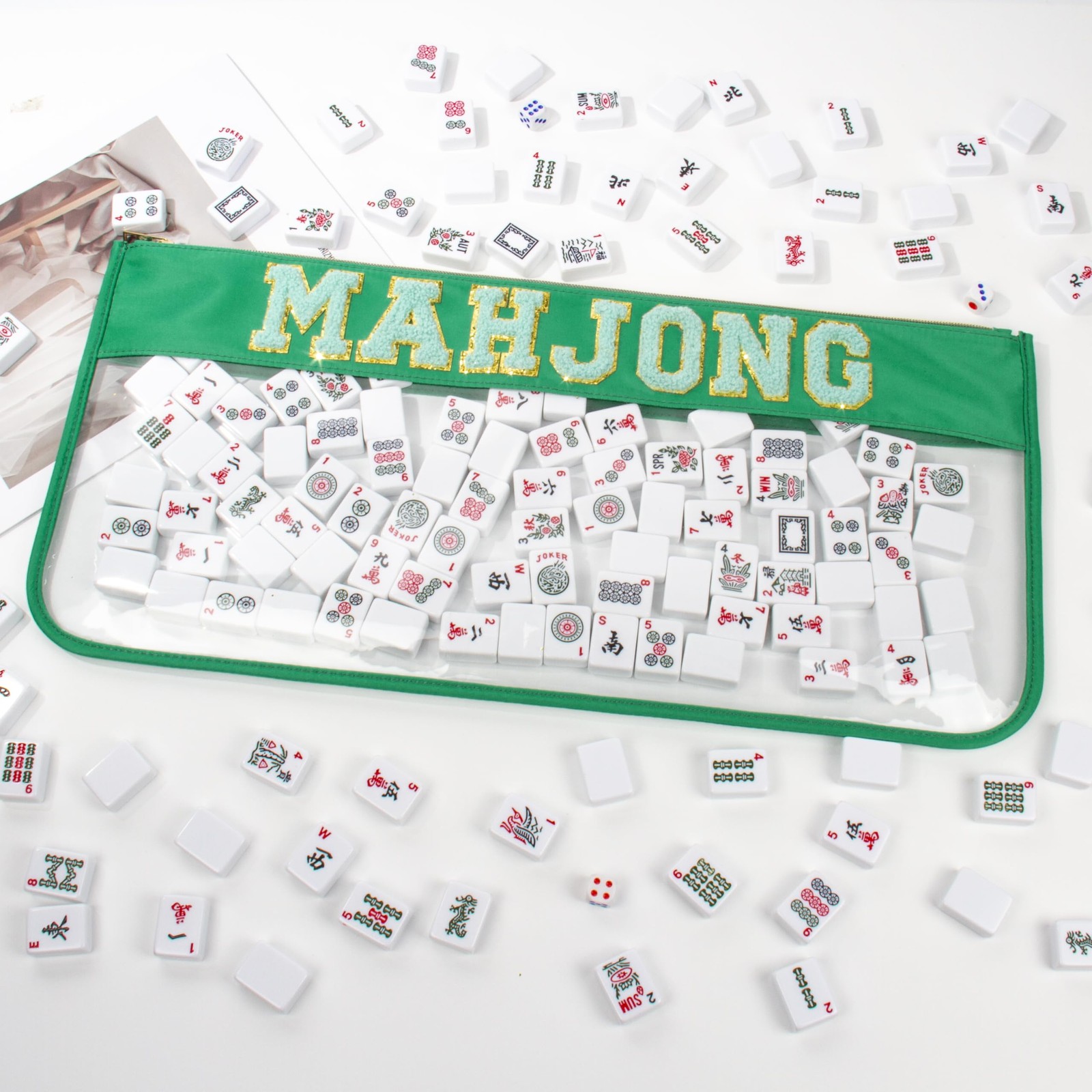 Empty Mahjong Tiles Case, Green Zippered Organizer for American Mahjong Set