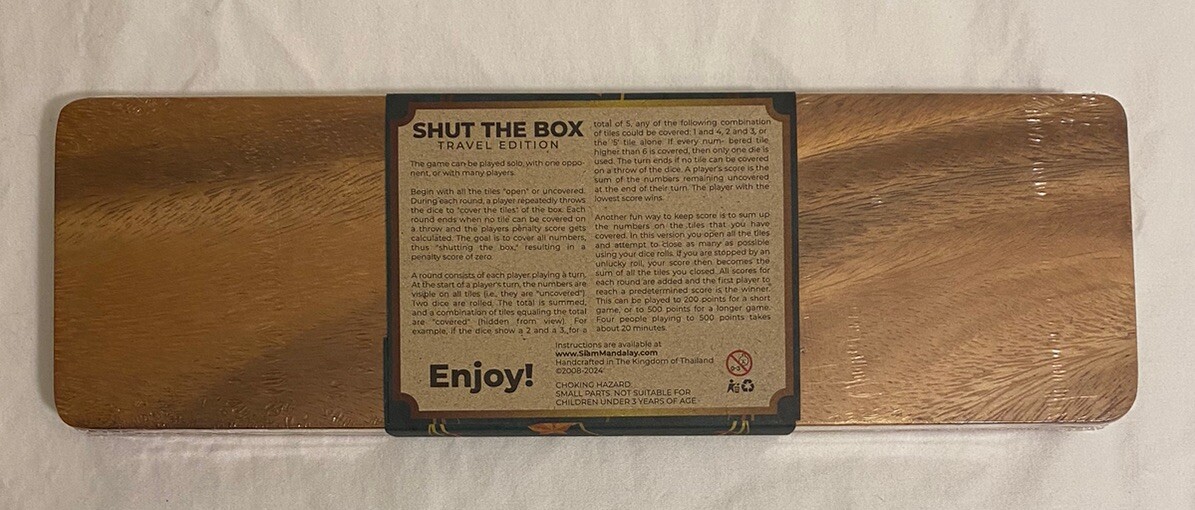 Shut The Box Wooden Travel Edition Game Handcrafted Wood Puzzle Thailand NEW
