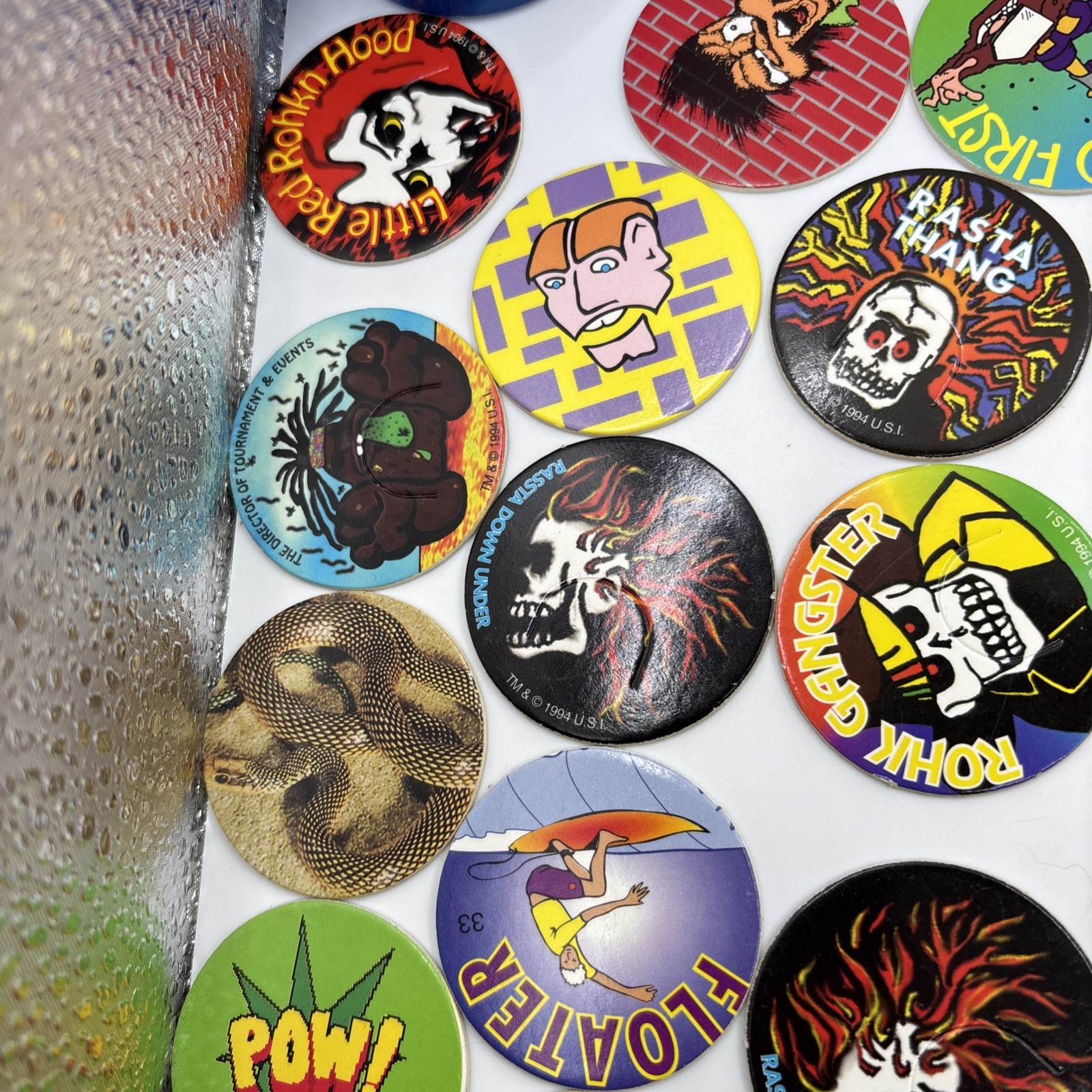 1994 Rohks Cap Game Power Kit 49 Caps 3 Slammers 1 Milk Cap Container – Pogs