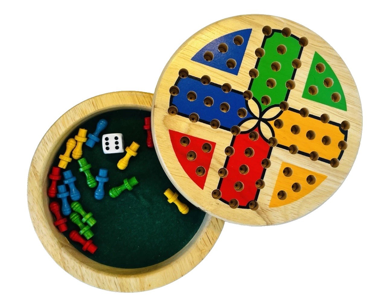 Vintage Pintoy Wooden Ludo Travel Game 5” Complete w/ Box Round