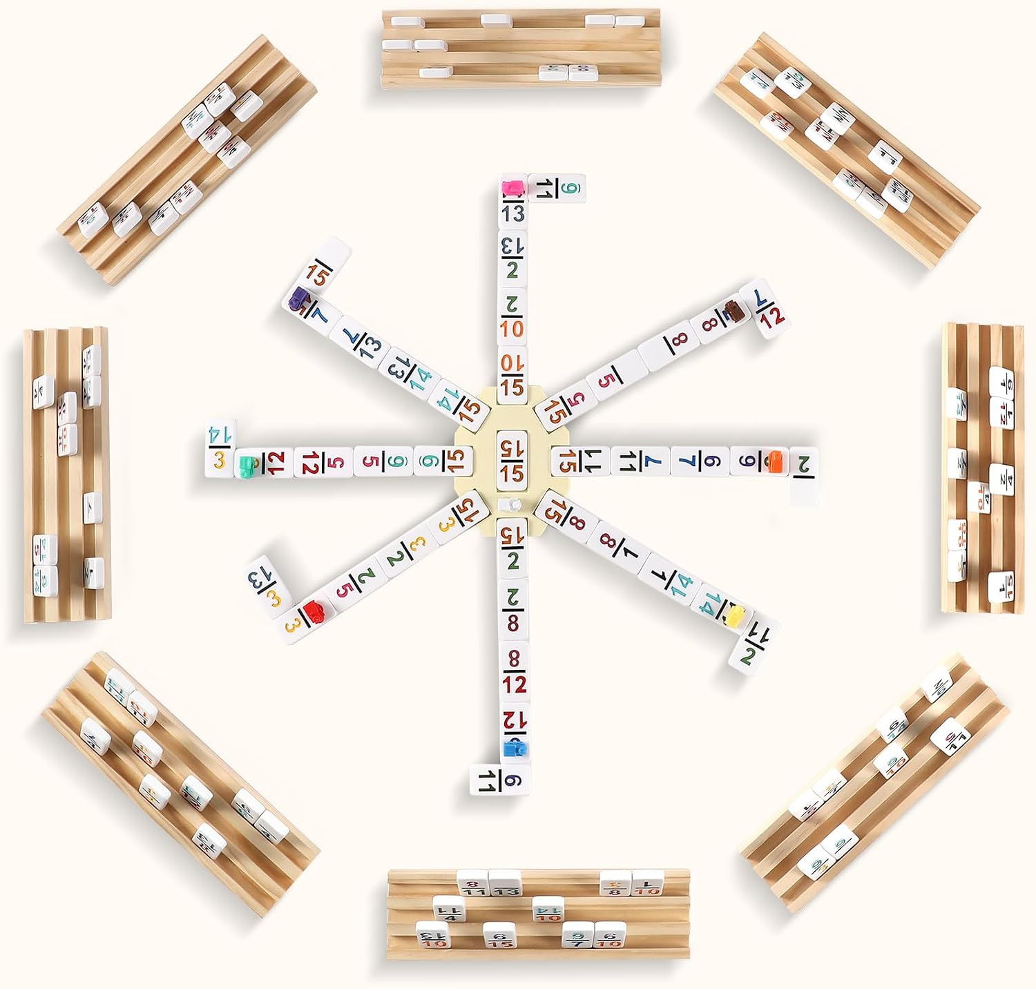 Mexican Train Dominoes Set with Numbers and 8 Wooden Trays/Racks, Double 15 Domi