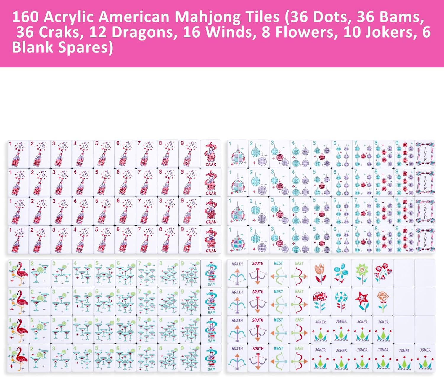 160 Engraved American Mahjong Tiles Set with Carrying Bag and Accessories, 1.2’’