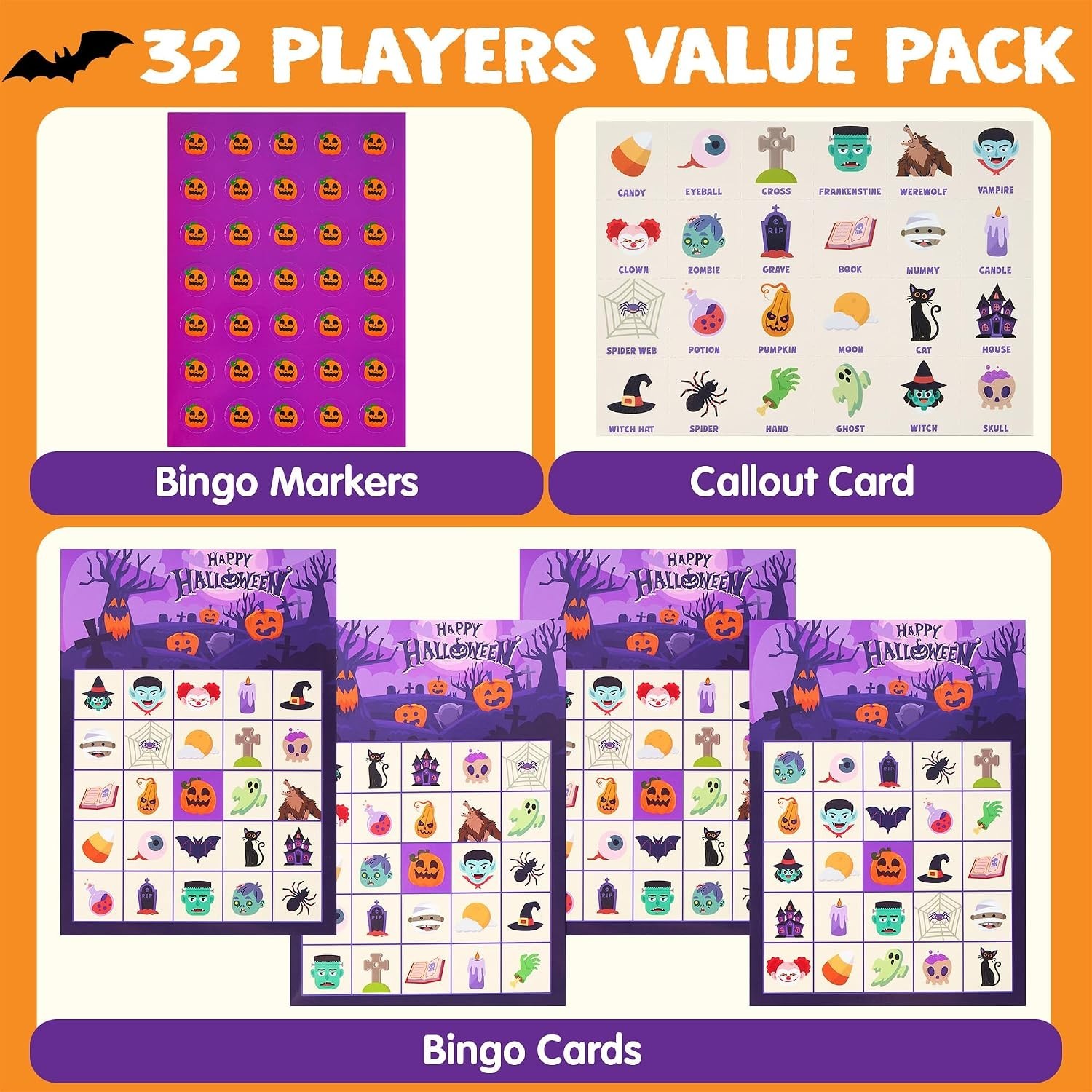 Complete Halloween Bingo Set for 32 Players – Perfect for School & Family