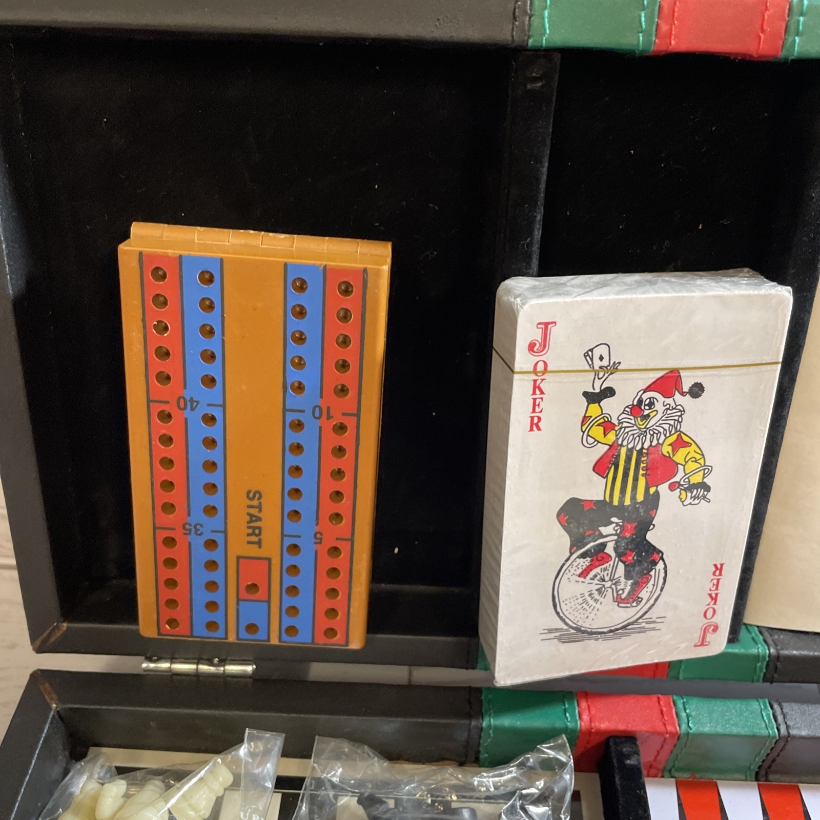 Excalibur 6 in 1 Game Black Portable Travel Case Chess Domino Cards Checkers VTG