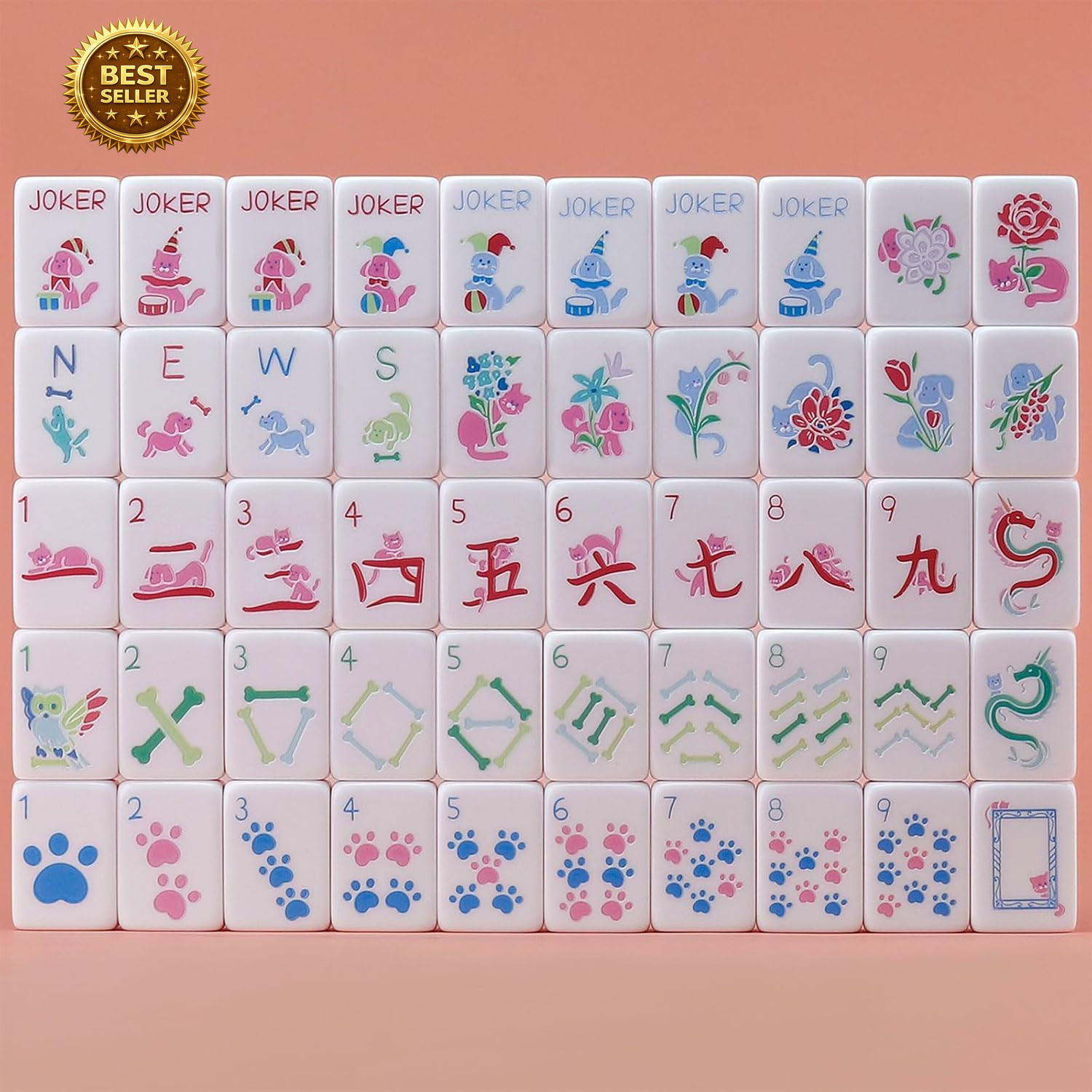 Dogs and Cats Themed Mahjong Tile Set – 160 Acrylic Engraved Tiles & American Ma