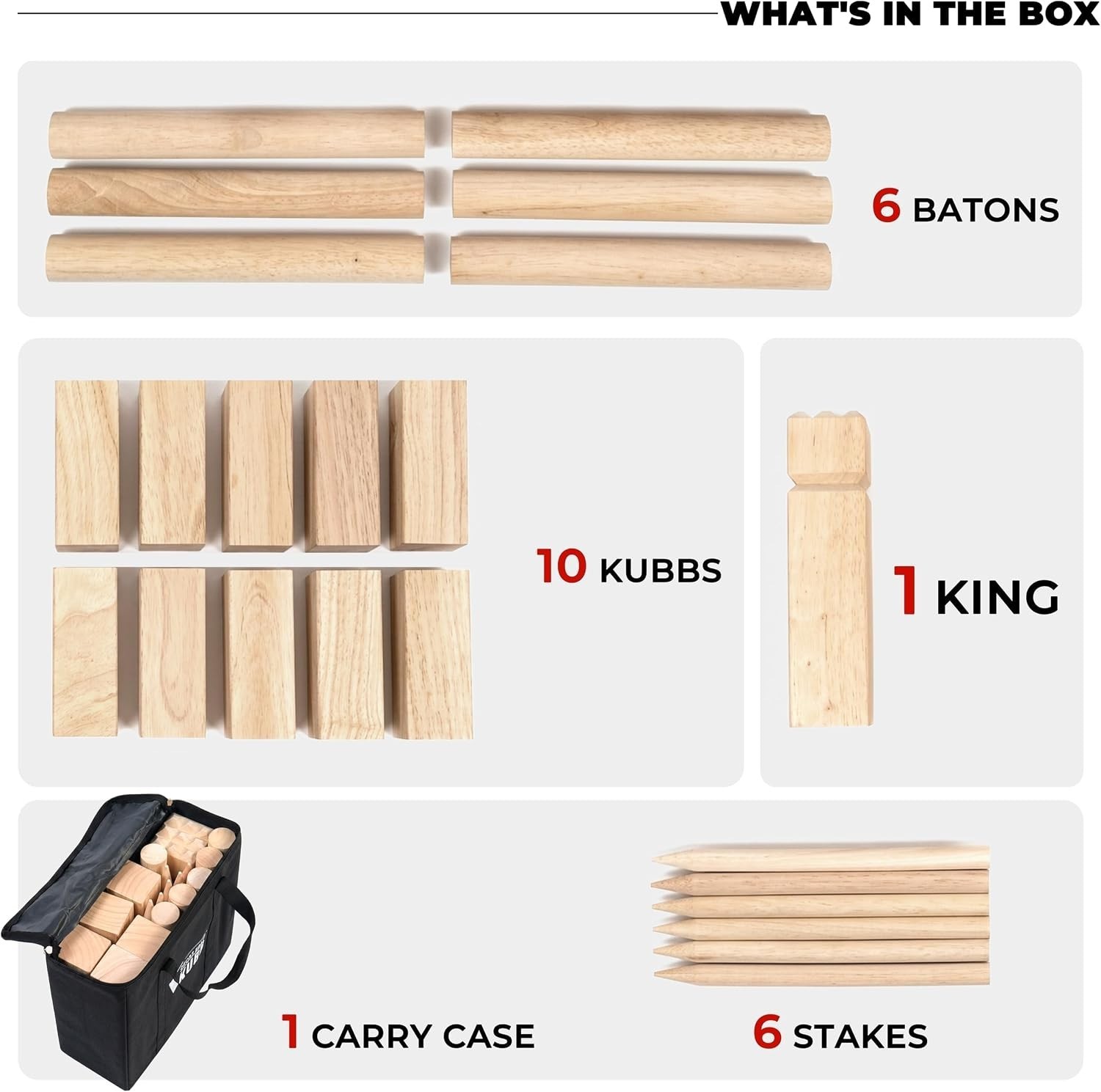 Complete Kubb Game Set: Natural Rubberwood with Travel Case for Multiple Players