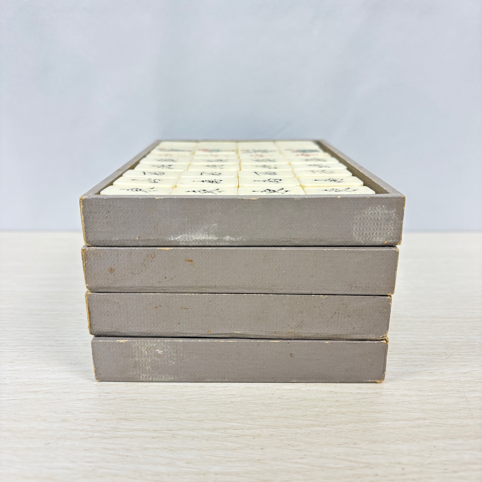 Vintage Japanese Mahjong Tile Set Brown Leather Case 1950s-60s Ivory Tiles AS-IS