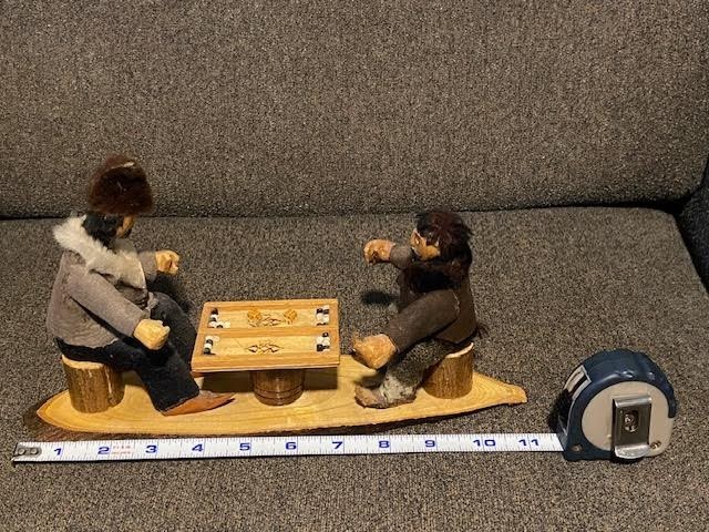 Handmade folk art wooden carved men playing backgammon vintage