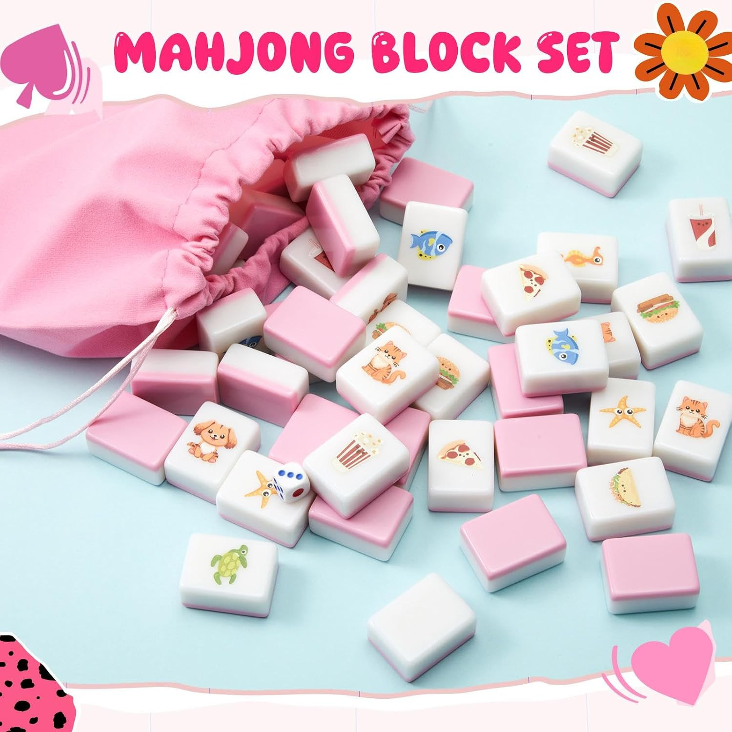 Pink 2 Player Mahjong Block Set, 50 Pcs of Mahjong Tile Game with 12 Different P