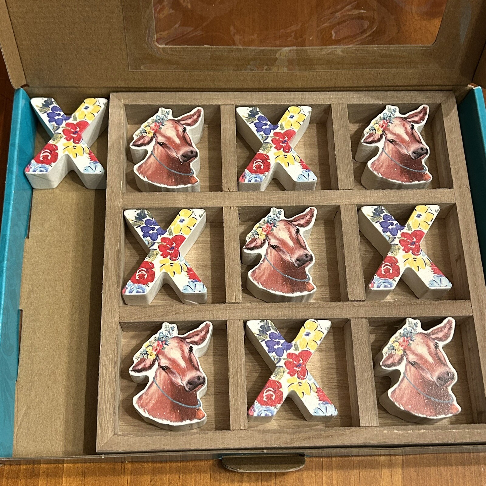 Pioneer Woman Tic Tac Toe Game Floral Cow Wooden Board 8″W x 8″L New Open Box