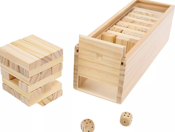 WE Games Wood Block Stacking Party Game, Includes 12 in. Natural Wood Box, Die