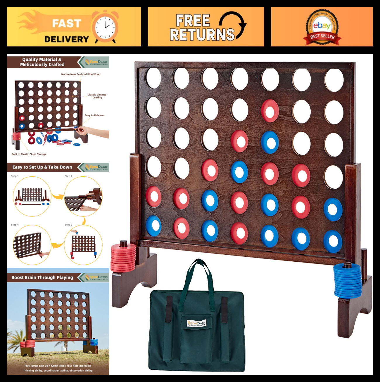 Jumbo 4 in a Row Game – Wooden 4-to-Score Set for Indoor/Outdoor Family Fun, Tra