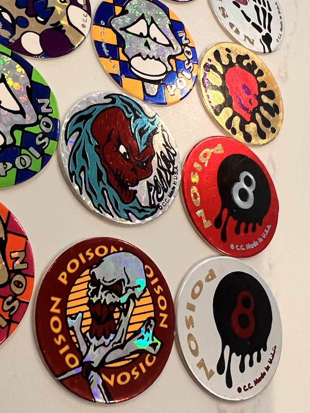 1990s Lot of 30 POISON Skull Bones Pogs Slammer Holographic Milk Caps Lot Mint!