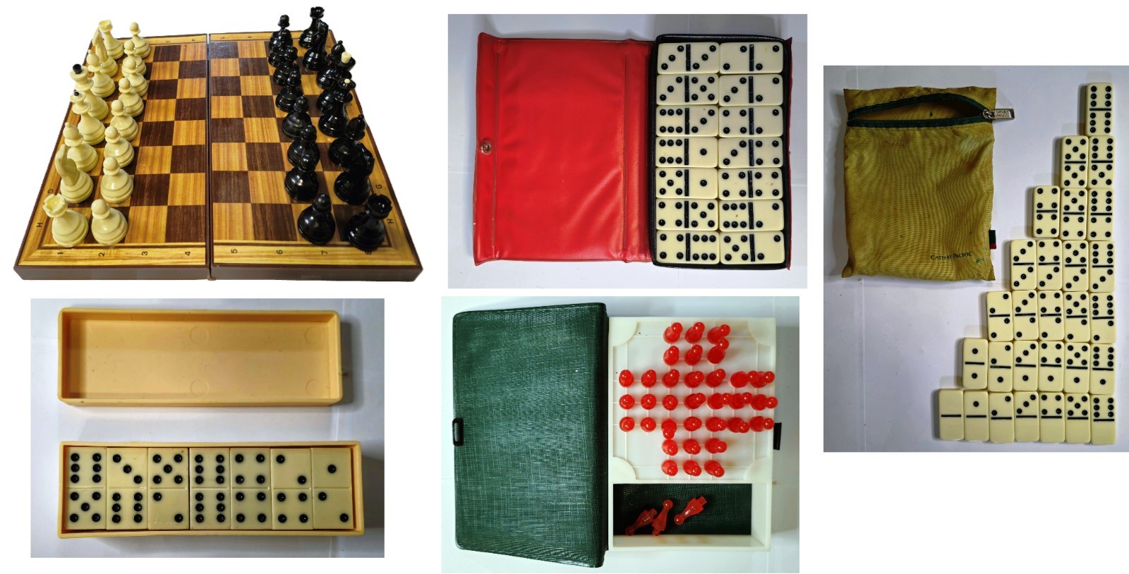 5 Vintage Mini TRAVEL GAMES 🎲 Chess / Dominos / Solitaire 🎲 circa 1980s
