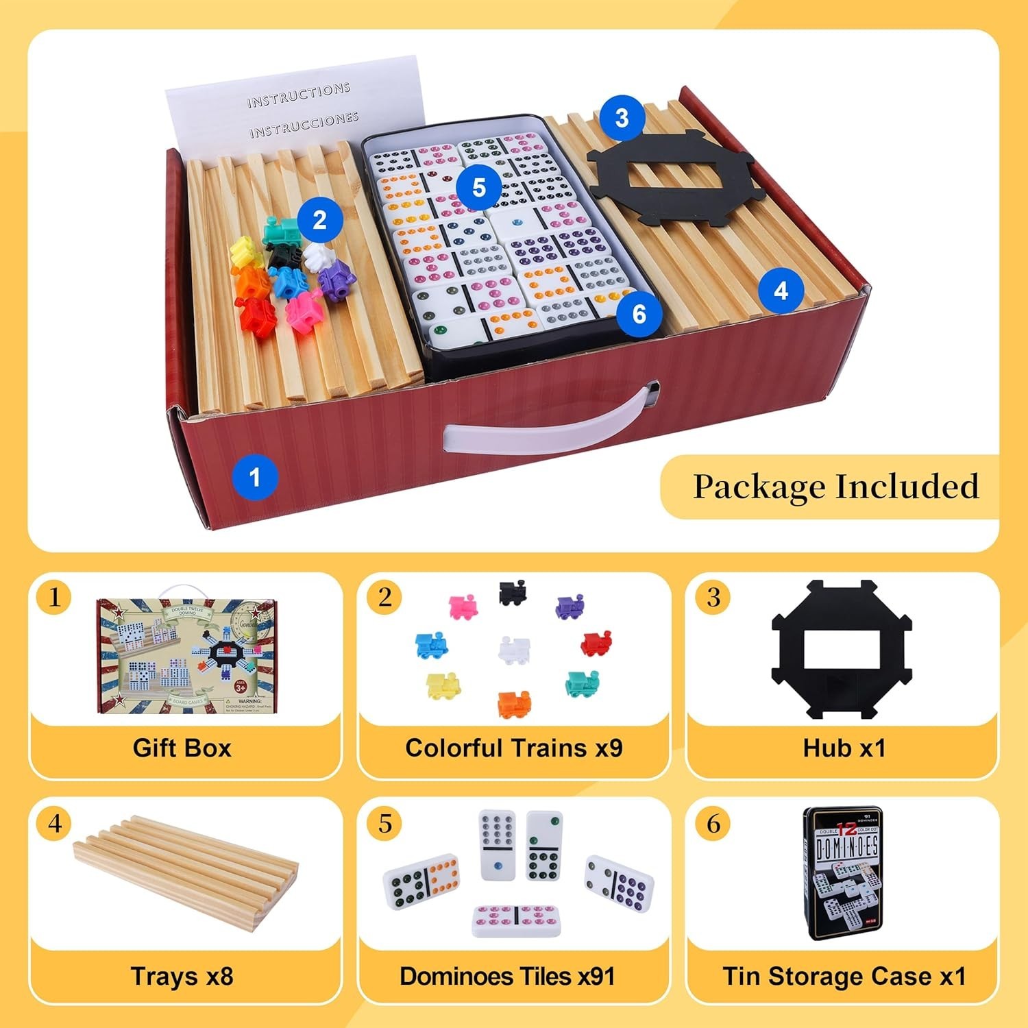Double 12 Mexican Train Dominoes Set for Adults with 8PCS Wooden Holders, 9 T…