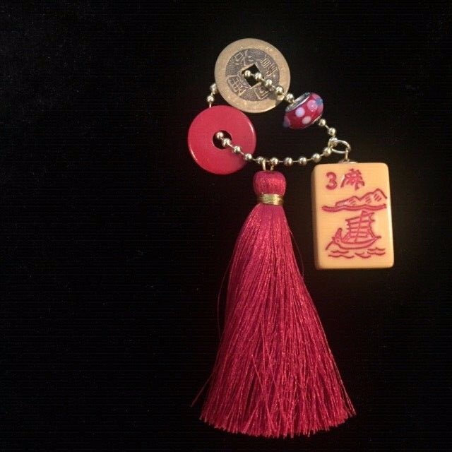 Vtg Key Chain Mahjong Mahjongg Flower Tile Sterling Silver Bead