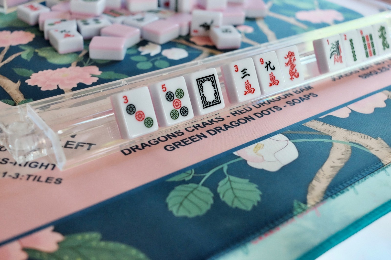NEW! Mahjong 4 pc Starter Bundle- Tiles, Acrylic Box, Floral Mat & Acrylic Racks
