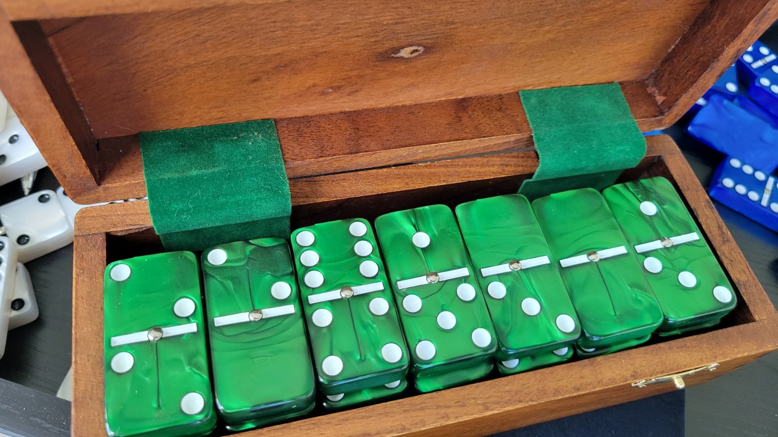 Domino Double Six 6 Green Marbleized Pro Size with Spinners – Wood Box
