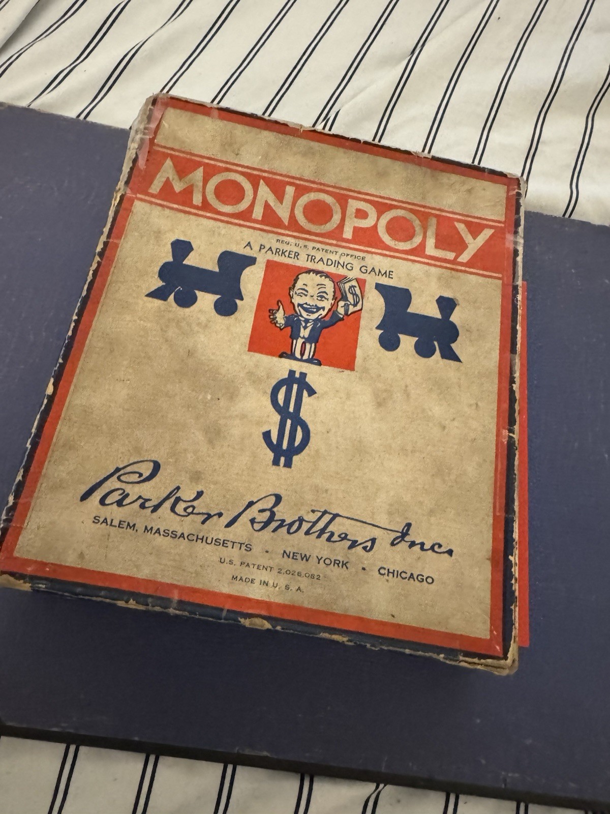 1935 Monopoly Set – Parker Bros. Blue Box, Single Patent No. 2,026,082 – Rare