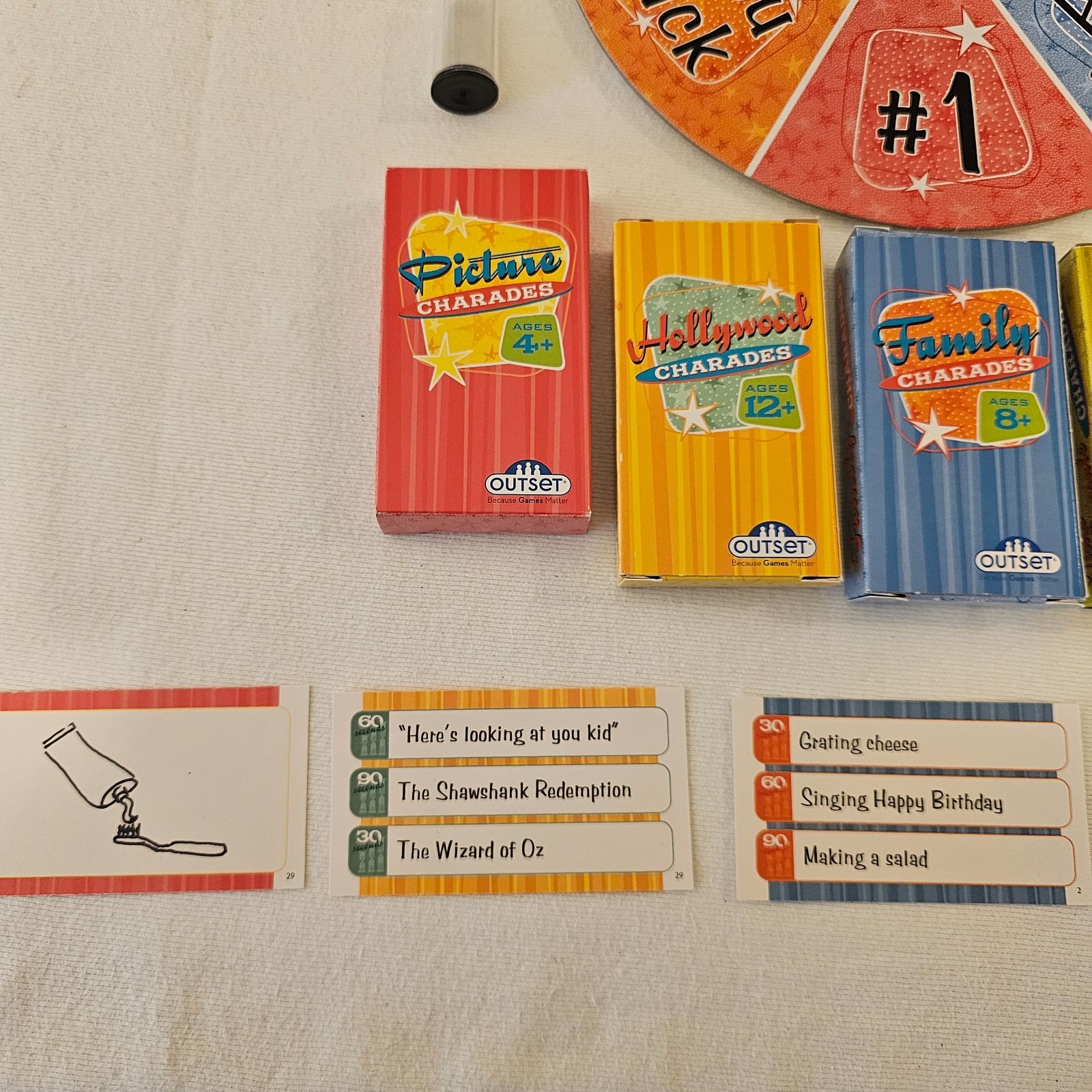 Family Charades in-a-box Category cards themes range from 4 years-14 years plus