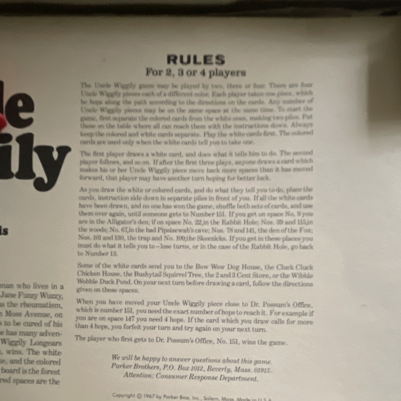 Parker Brothers The Uncle Wiggily Game Board Game 1967 2 Players 4-7 Complete