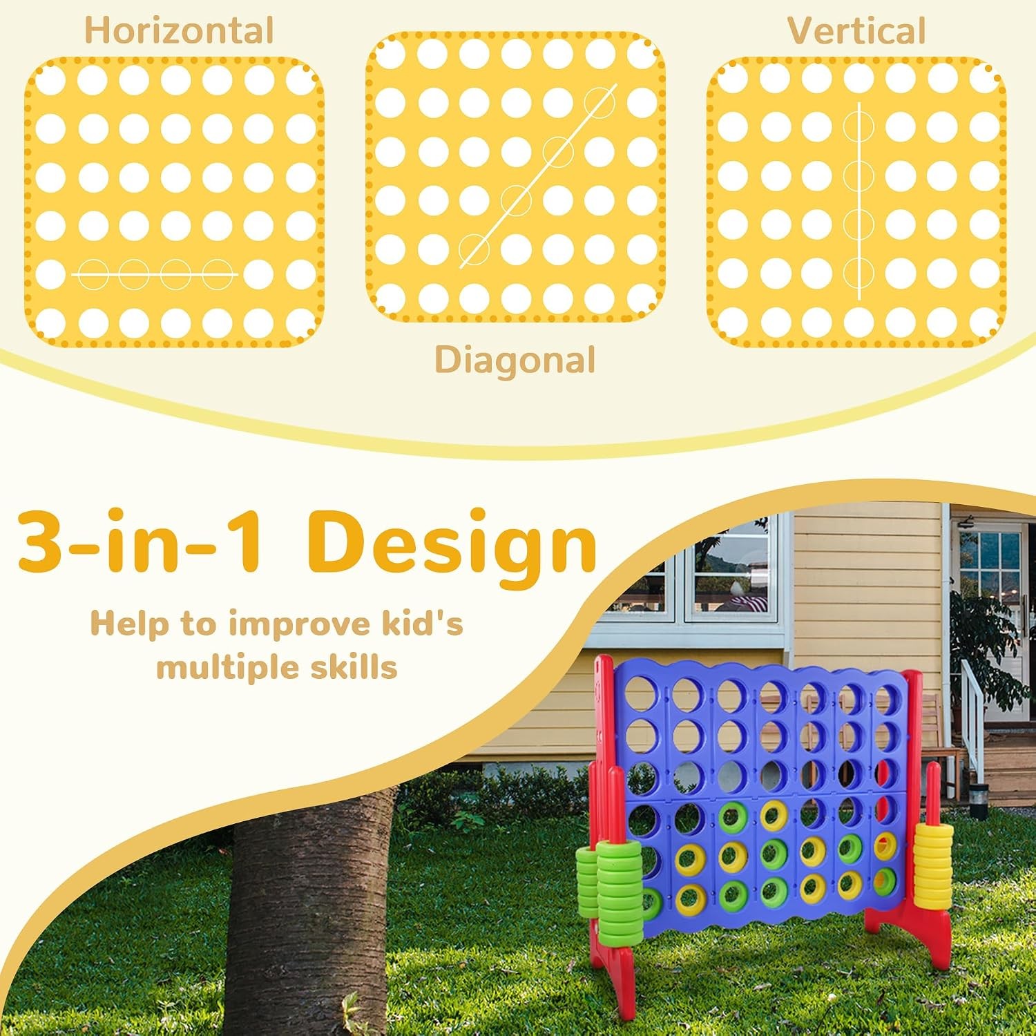 Giant 4-In-A-Row Connect Game Outdoor, 3.5FT Jumbo 4-To-Score Yard Game for Kids