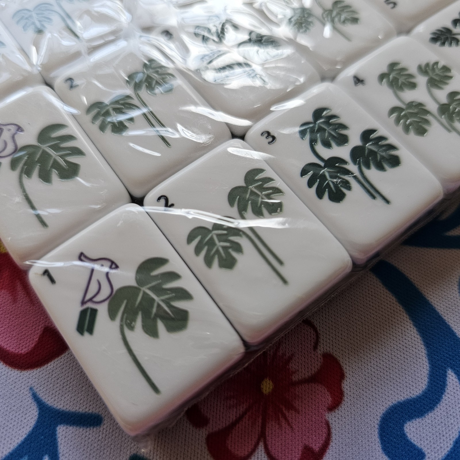 NEW! Unbranded House Plant Green Glass Backed Engraved Mahjong Tiles Set 160