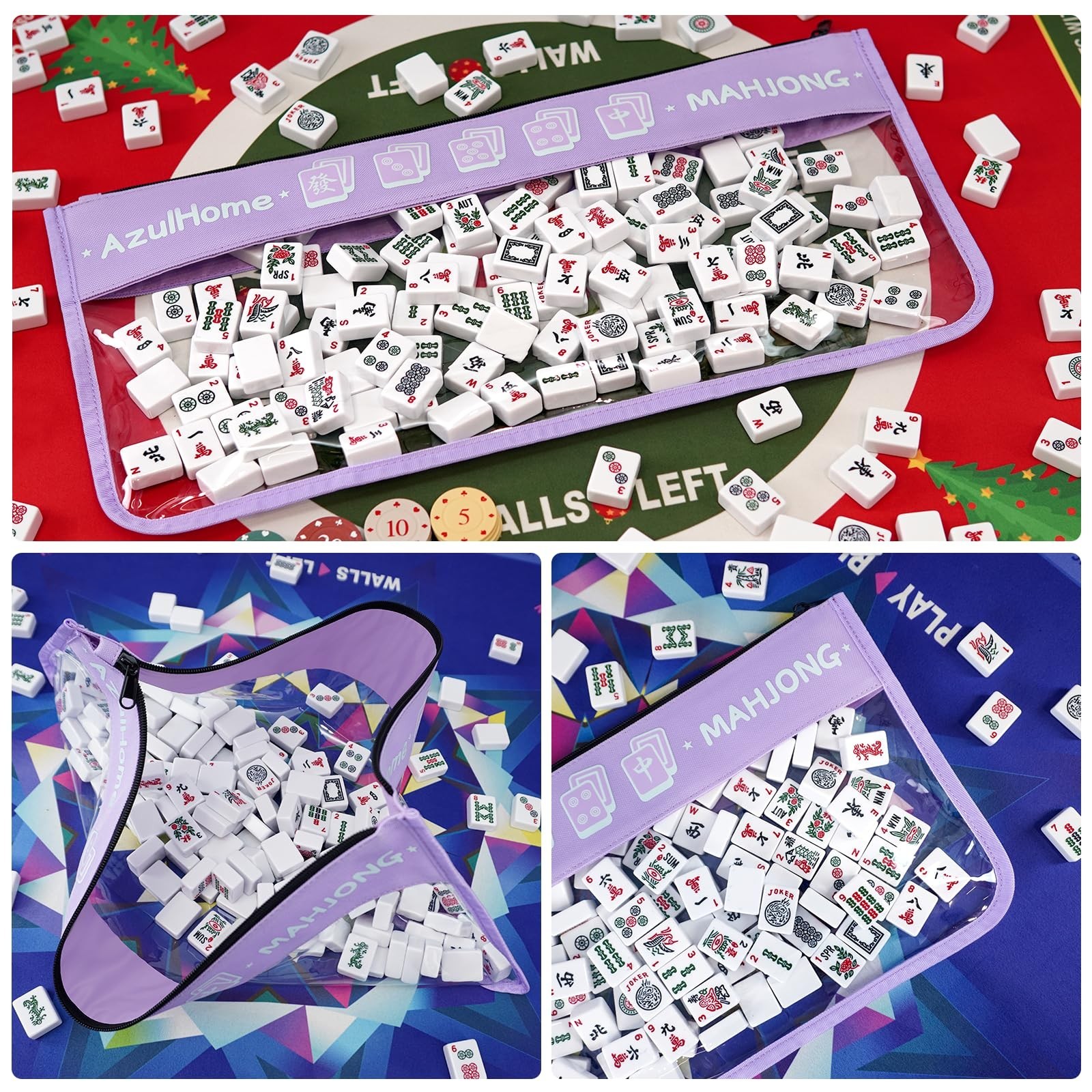 AzulHome PVC Mahjong Tiles Bag with 2 Mahjong Line Finders, Light Purple, 21″x9″