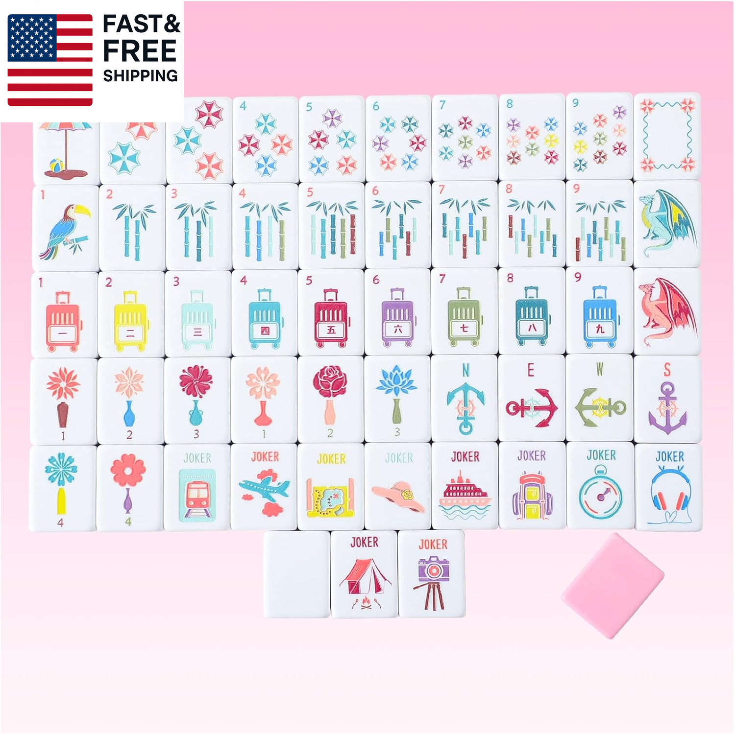 160 Pink Engraved American Mahjong Game Set with Carrying Bag and Accessor