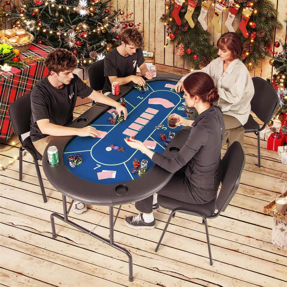 8 Players Card Board Game Table with 8 Cup Holders Casino-Grade Felt Surface Blu