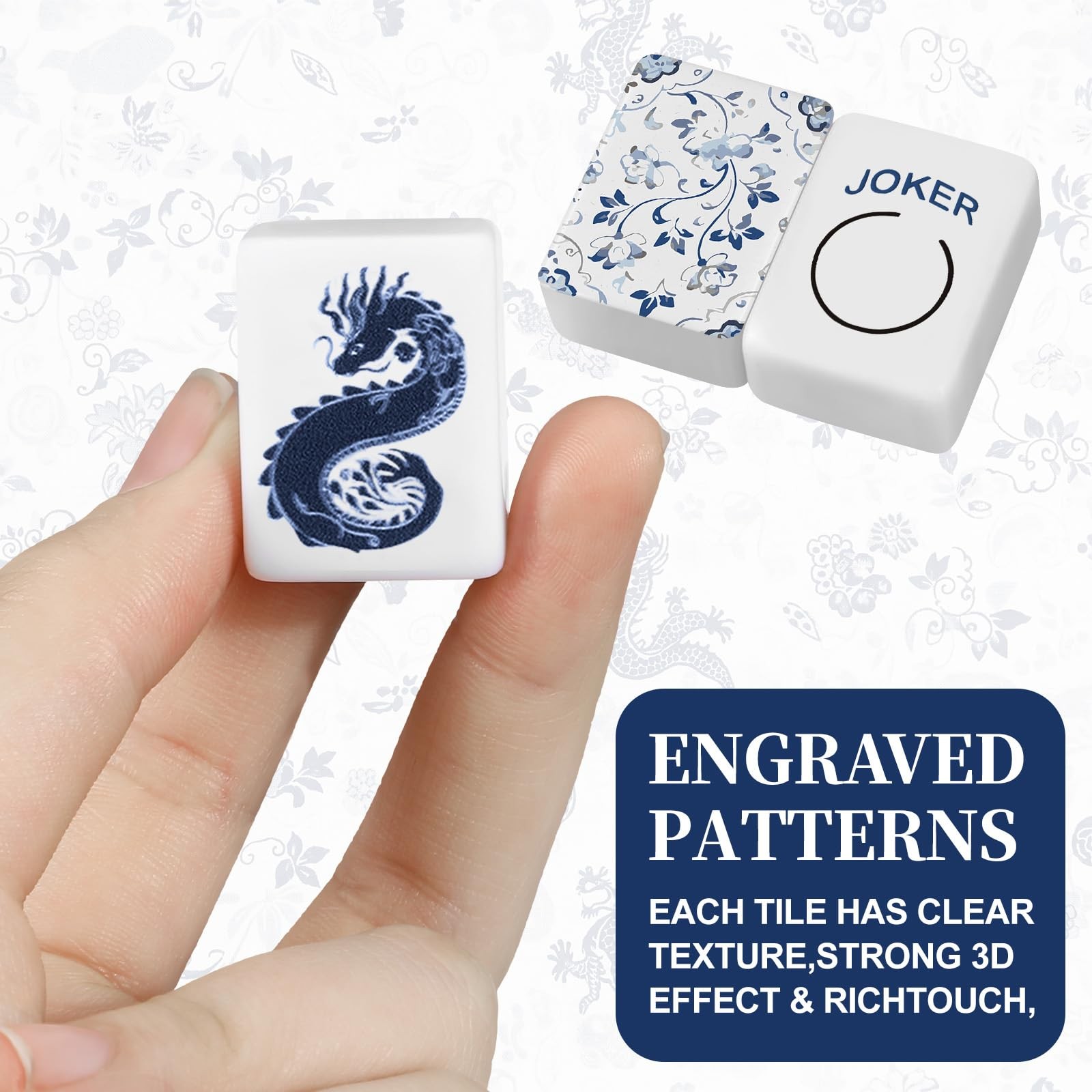 Soulchen 160 Chinoiserie Blue Porcelain American Mahjong Tile Set with Acryli…