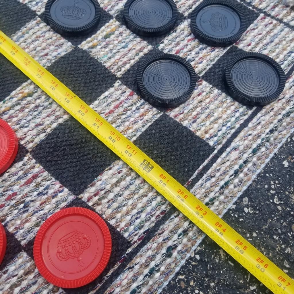 Jumbo checkers game on 28″ square rug 3″ checkers Tic Tac Toe on back