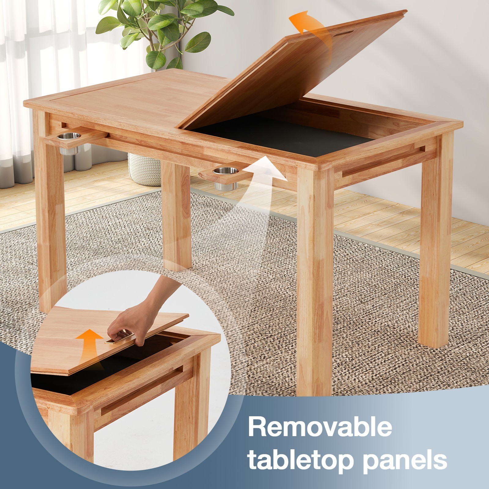 Oak Board Game Table with Removable Table Top, 52″ x 29″ Area, Leather Playmat