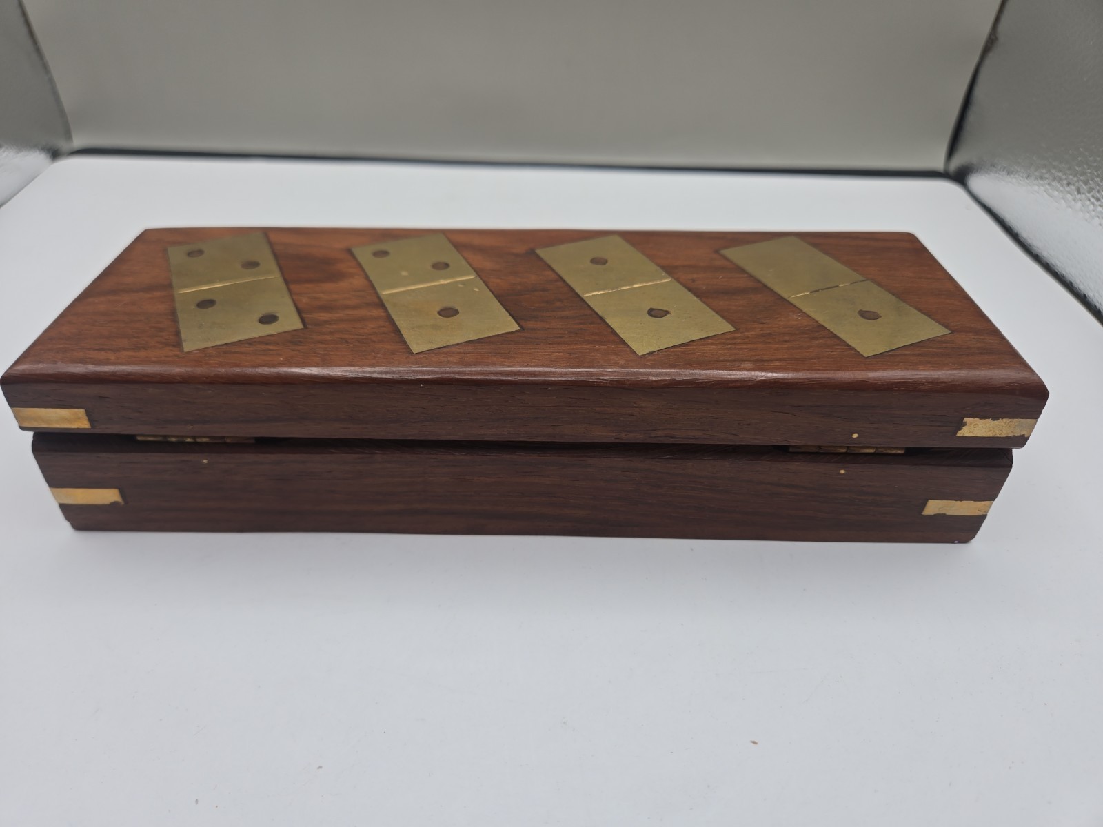 Double Six Wood Dominoes Set w Brass Inlays in Wooden Case With Latch Rare!