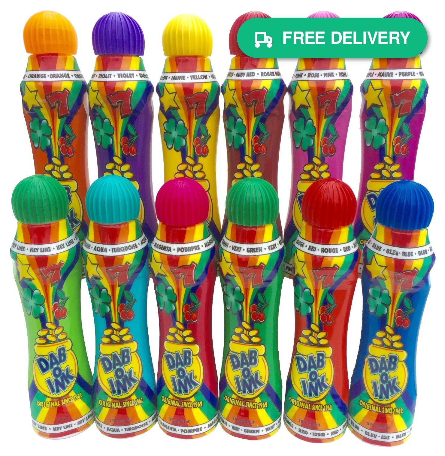Dab-O-Ink 3oz Bingo Daubers Mixed Colors 12 Pack Ribbed Caps Made in USA