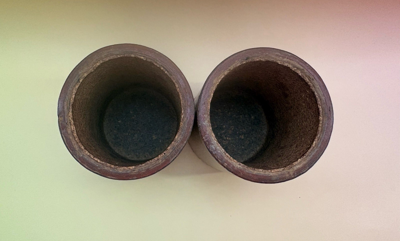 TWO Vintage DICE CUPS Shakers Tan Leather Round Backgammon Crisloid-Style