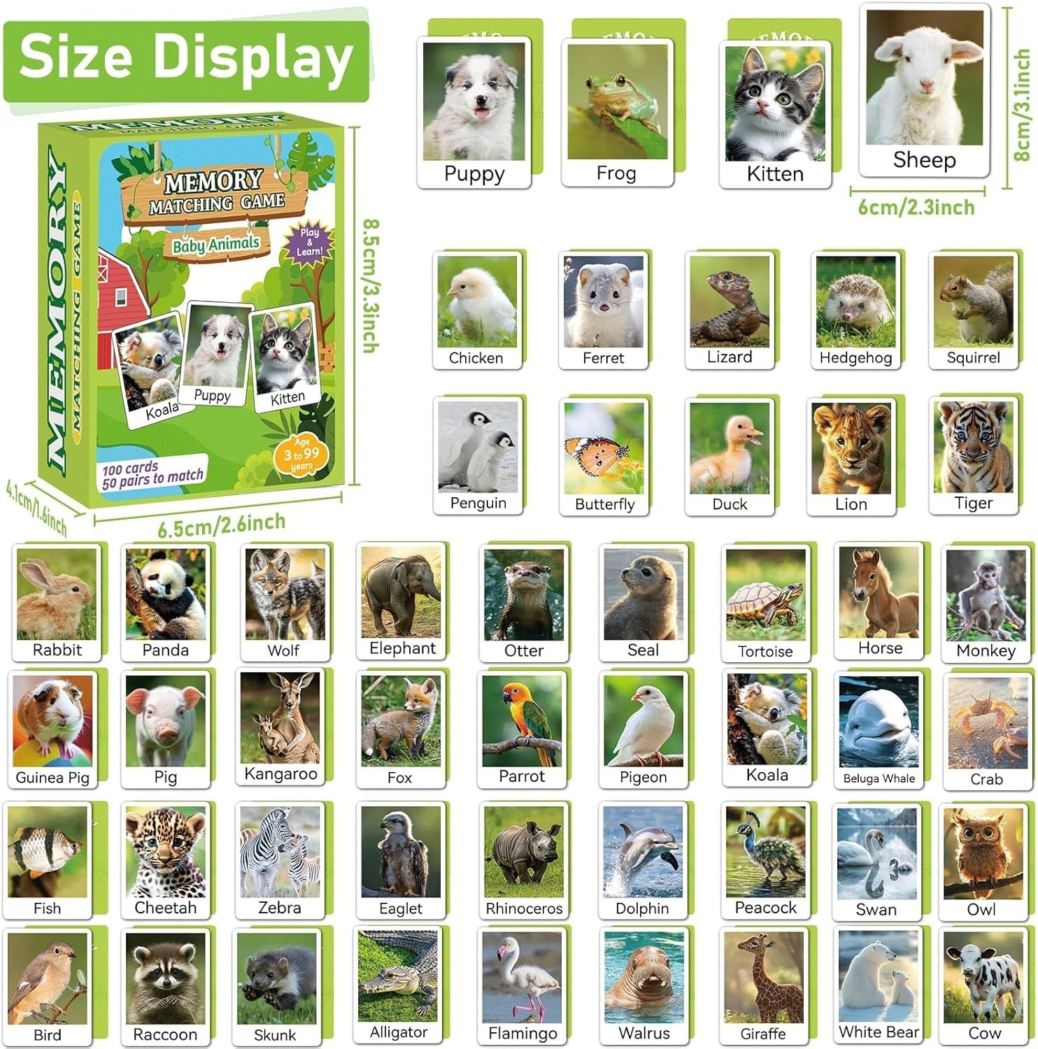 50 Pairs Memory Matching Game Animal Babies Concentration Memory Card Educati…