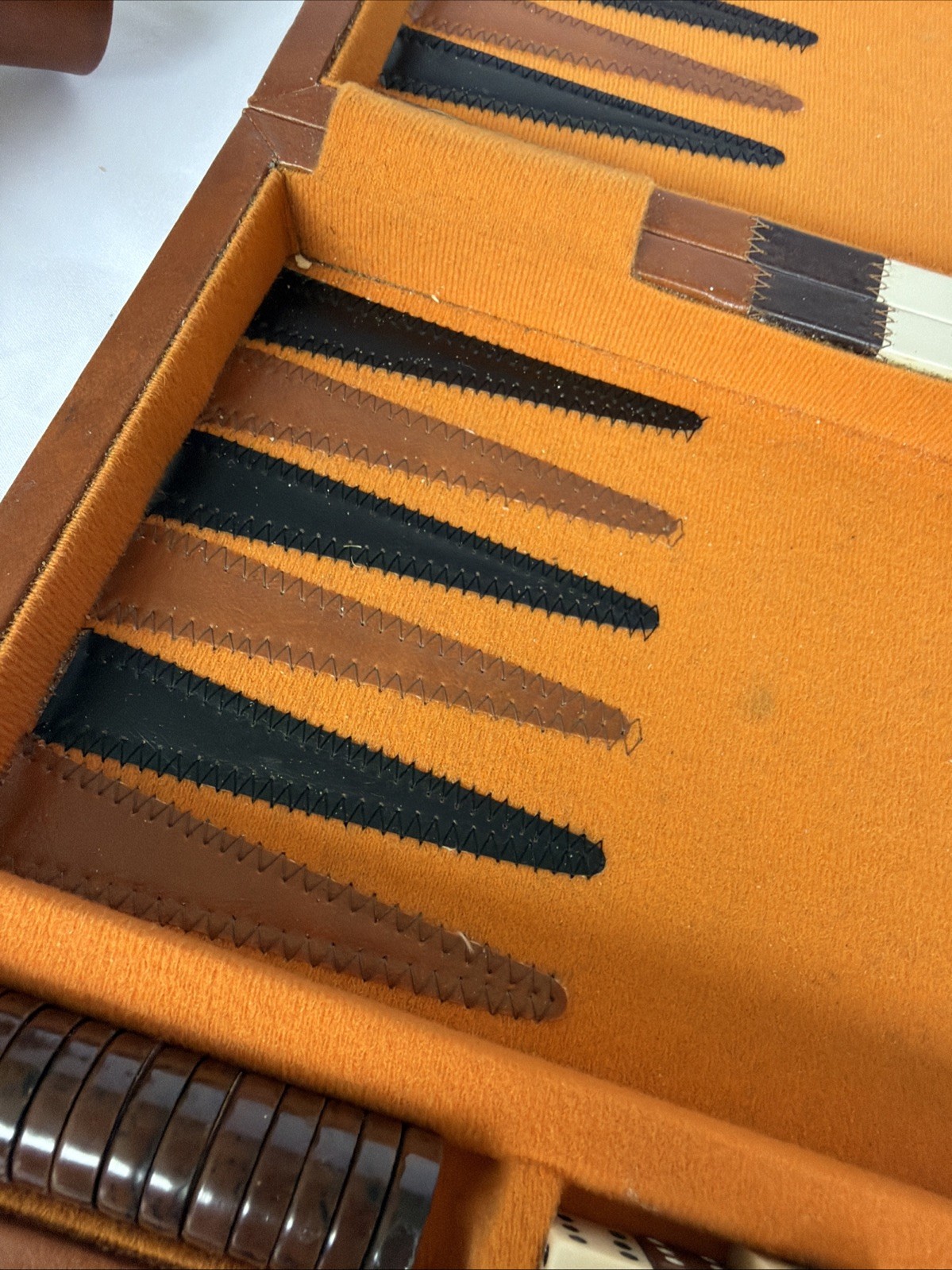 Vintage Backgammon Set Faux Leather Carrying Case Brown Striped Travel Board