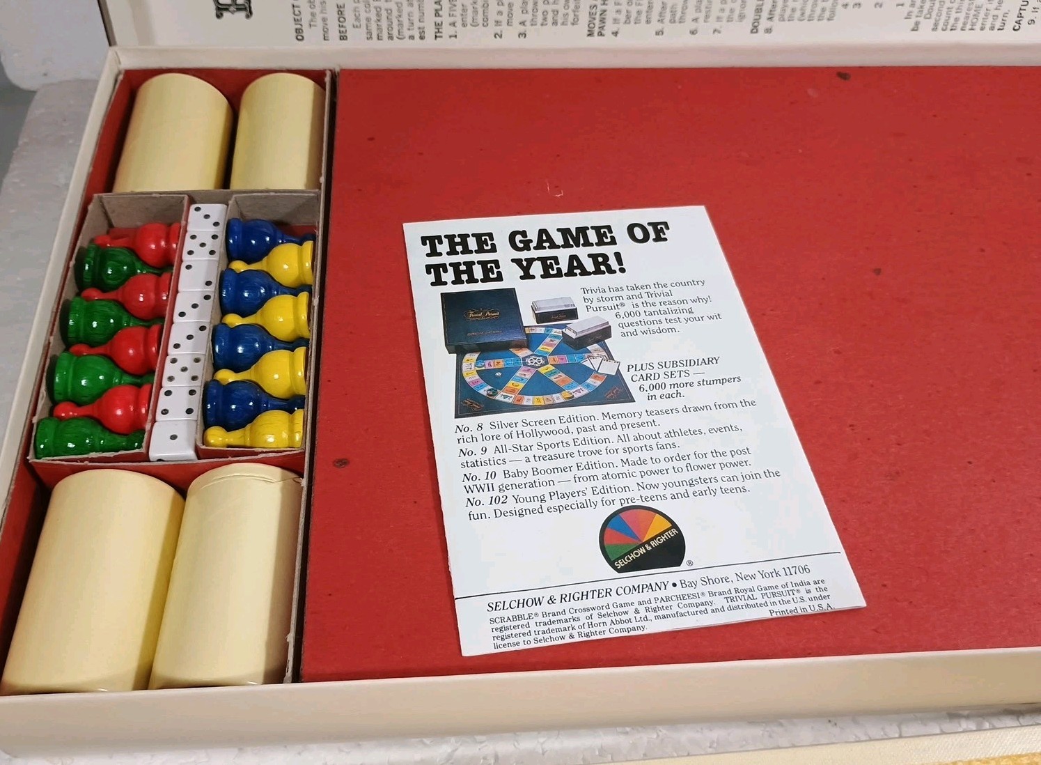 1982 Parcheesi Game Deluxe Edition Selchow & Righter COMPLETE Deluxe Edition