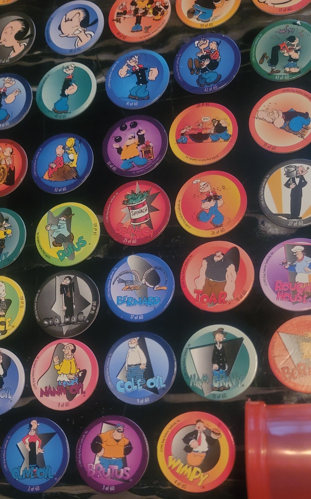1995 Popeye POGs Complete Set (1–60) + Hot Pink Tube Vintage 90s Milk Cap Game