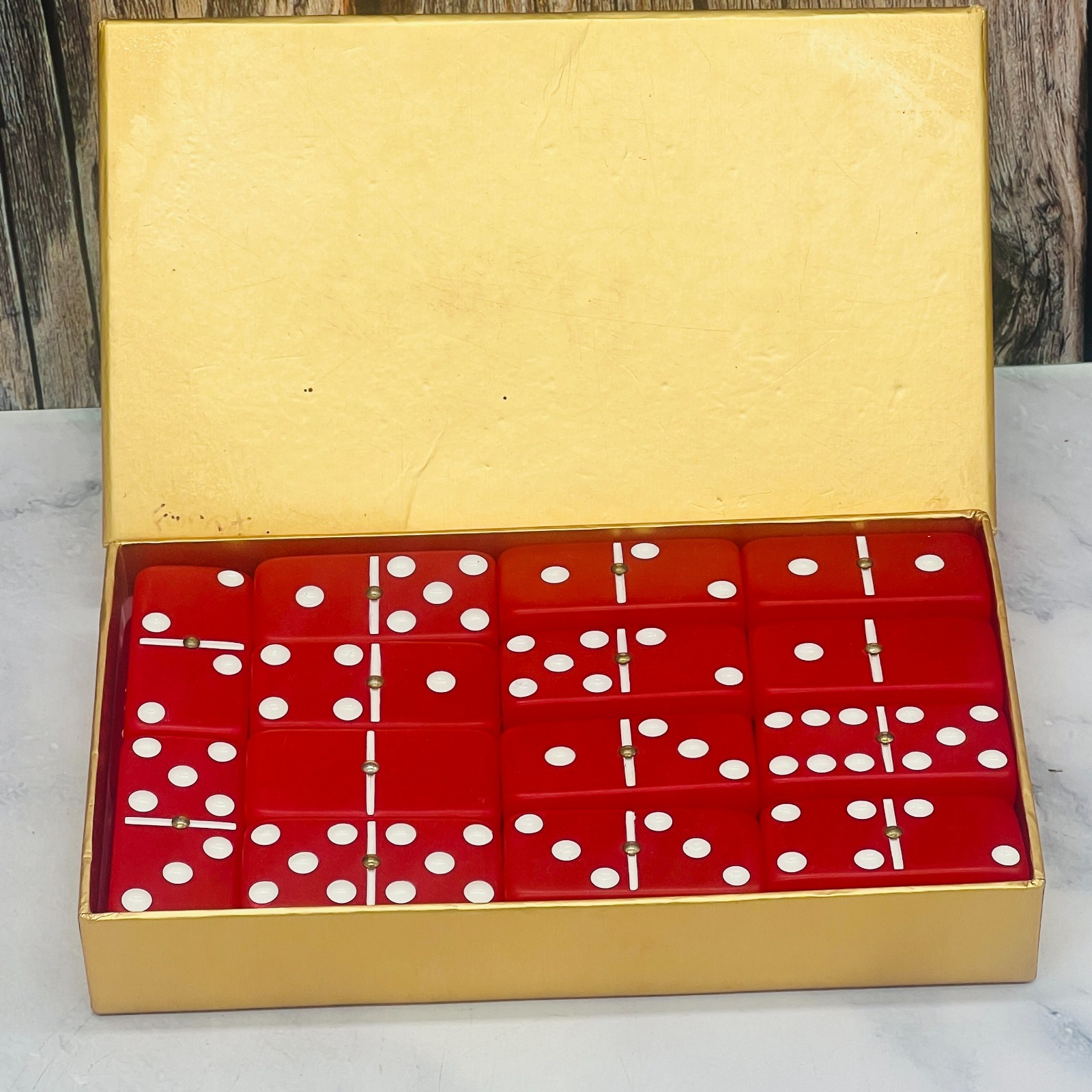 Vintage MCM Cherry Red Double Six 28 Tile Domino Set in Box