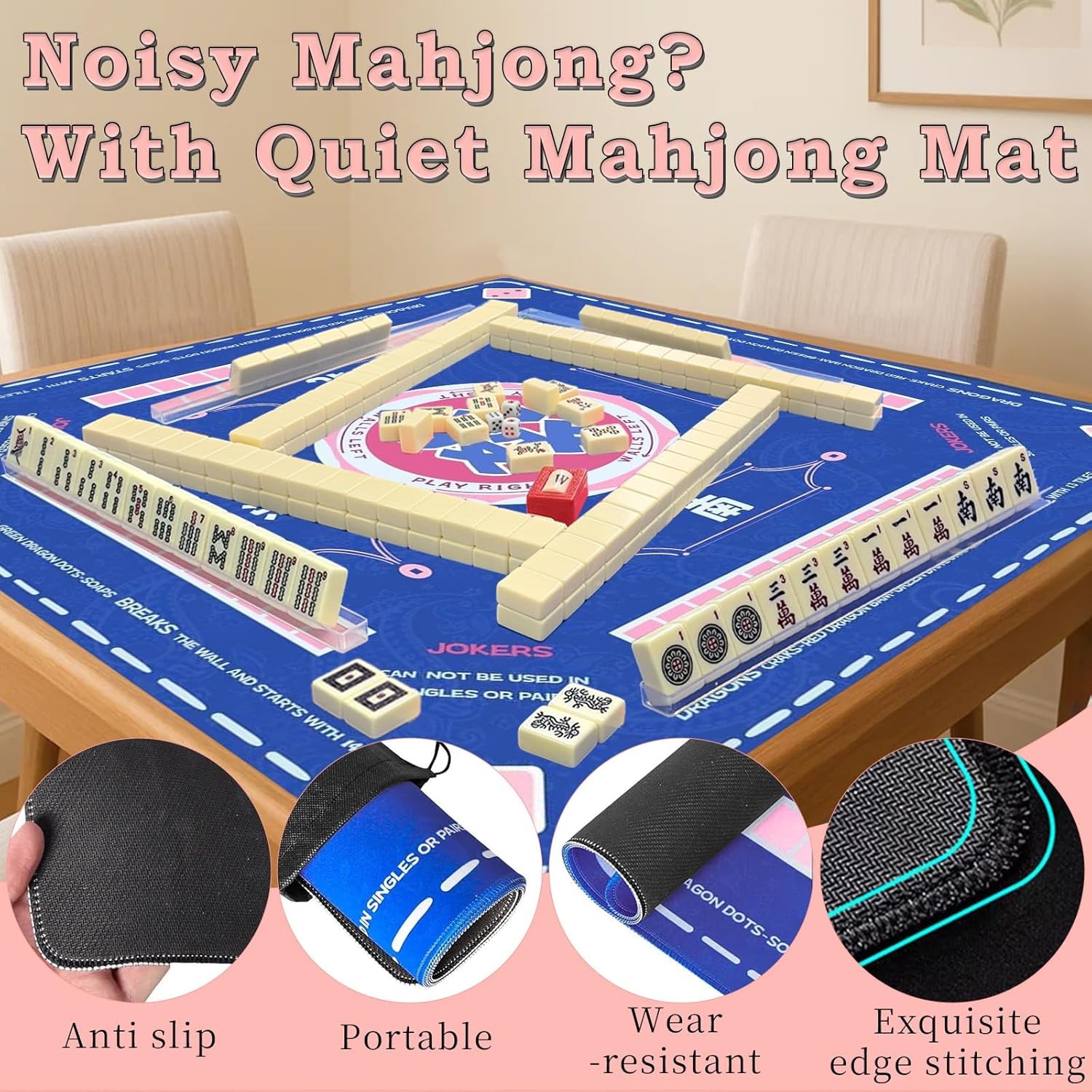 American Mahjong Tiles Set, 166 White Tiles Game with Noise Reducing Mahjong Mat